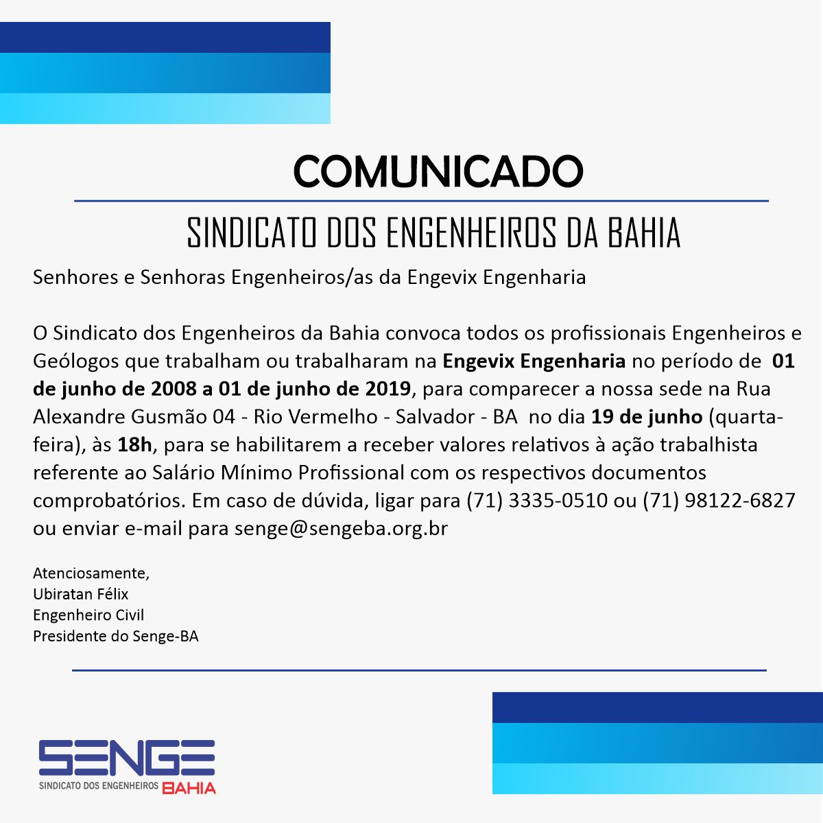 Convocatória do Senge-BA para profissionais da Engevix Engenharia – Conquista do Salário Mínimo Profissional