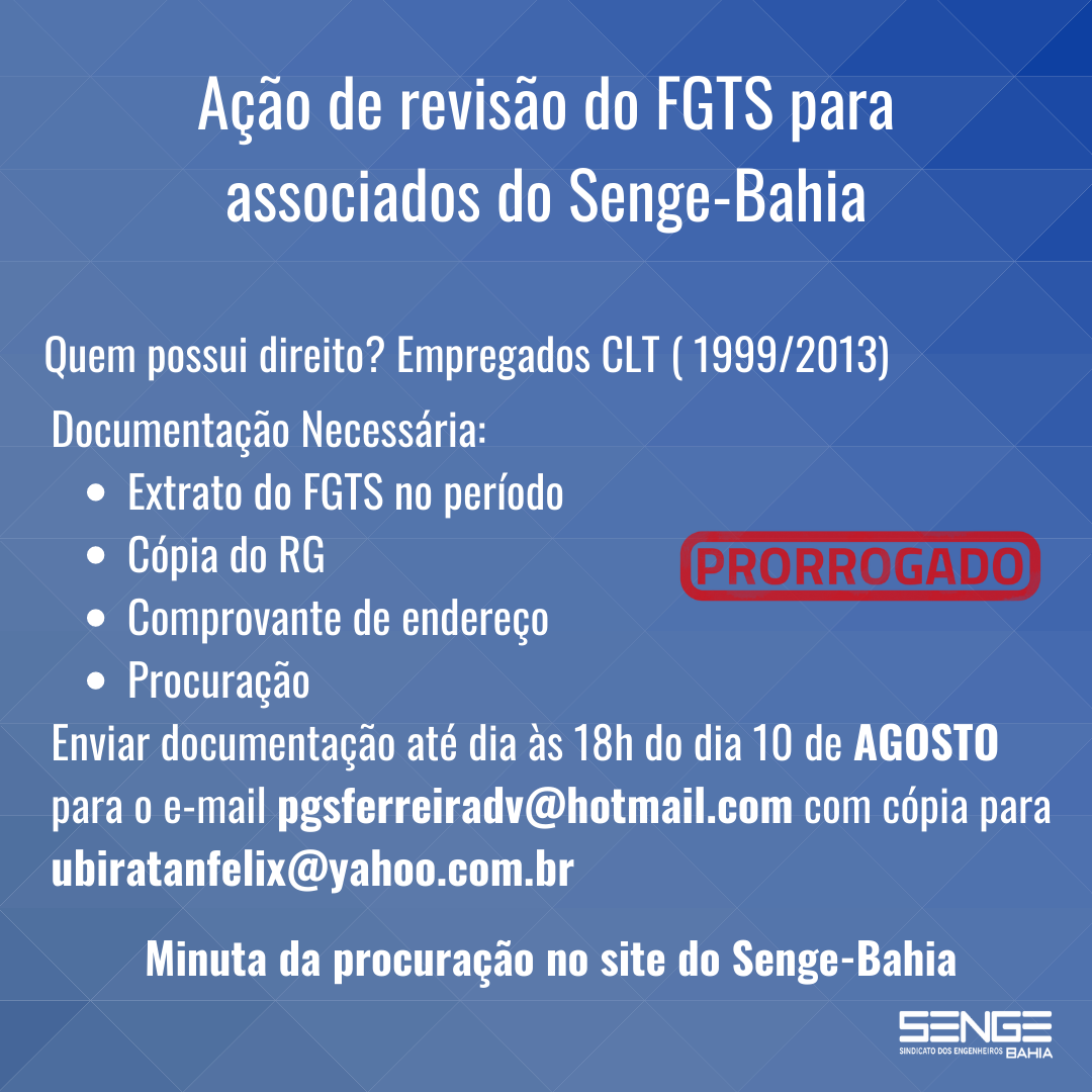 Senge-Ba divulga informações sobre ação judicial de correção do saldo do FGTS